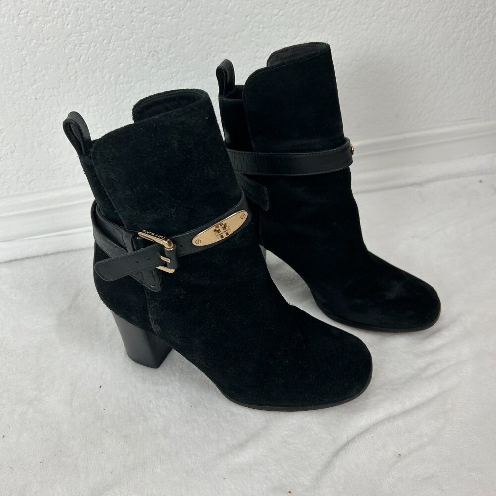 Tory Burch Robynne Black Suede Heel Boots with Gold Buckle Size 5 1/2 M